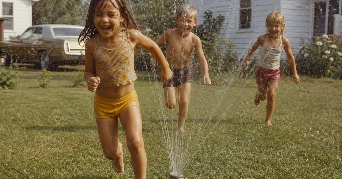 12 Things Every Kid Who Grew Up Without Air Conditioning Remembers 6 Children running through a backyard sprinkler on a hot 1970s afternoon
