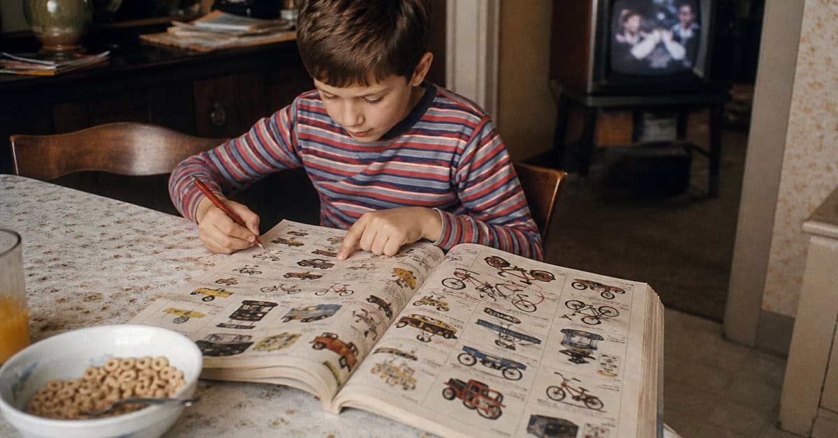 Child making a toy wishlist from a catalog during Saturday cartoons in the 1970s