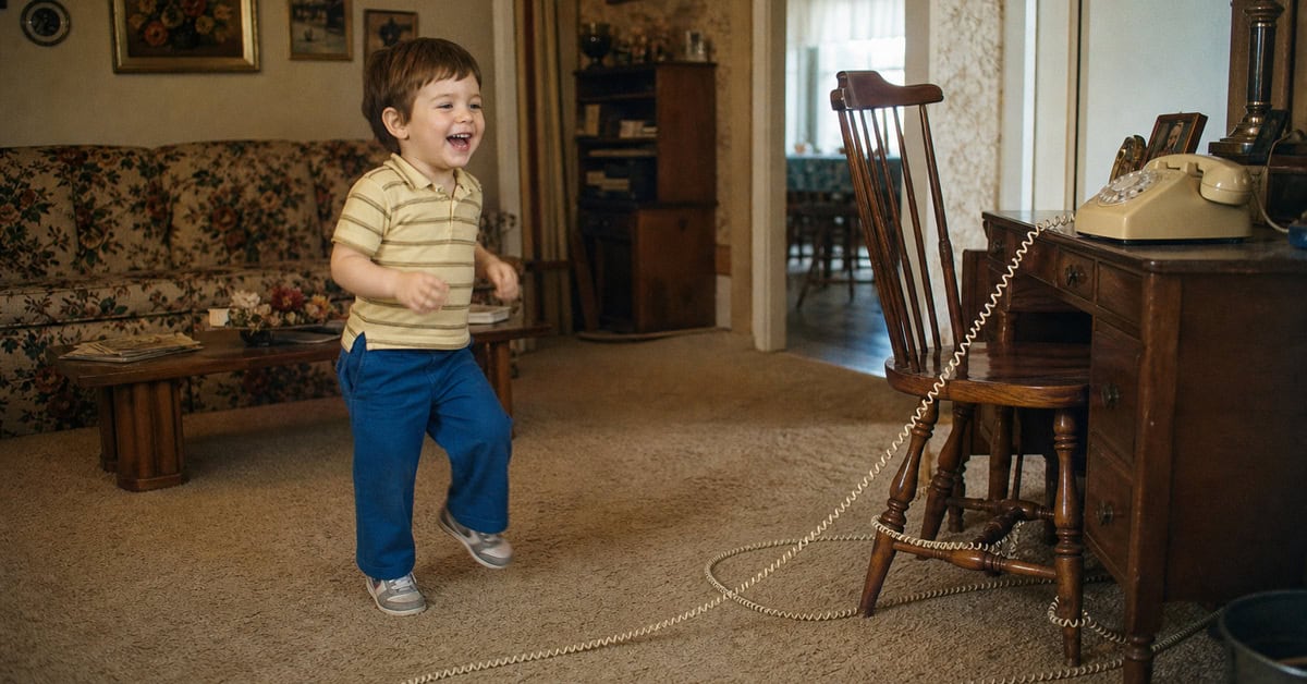 14 Things Every Kid Who Used a Rotary Phone Remembers 4 Child laughing while a long rotary-phone cord tangles around furniture in the 1970s