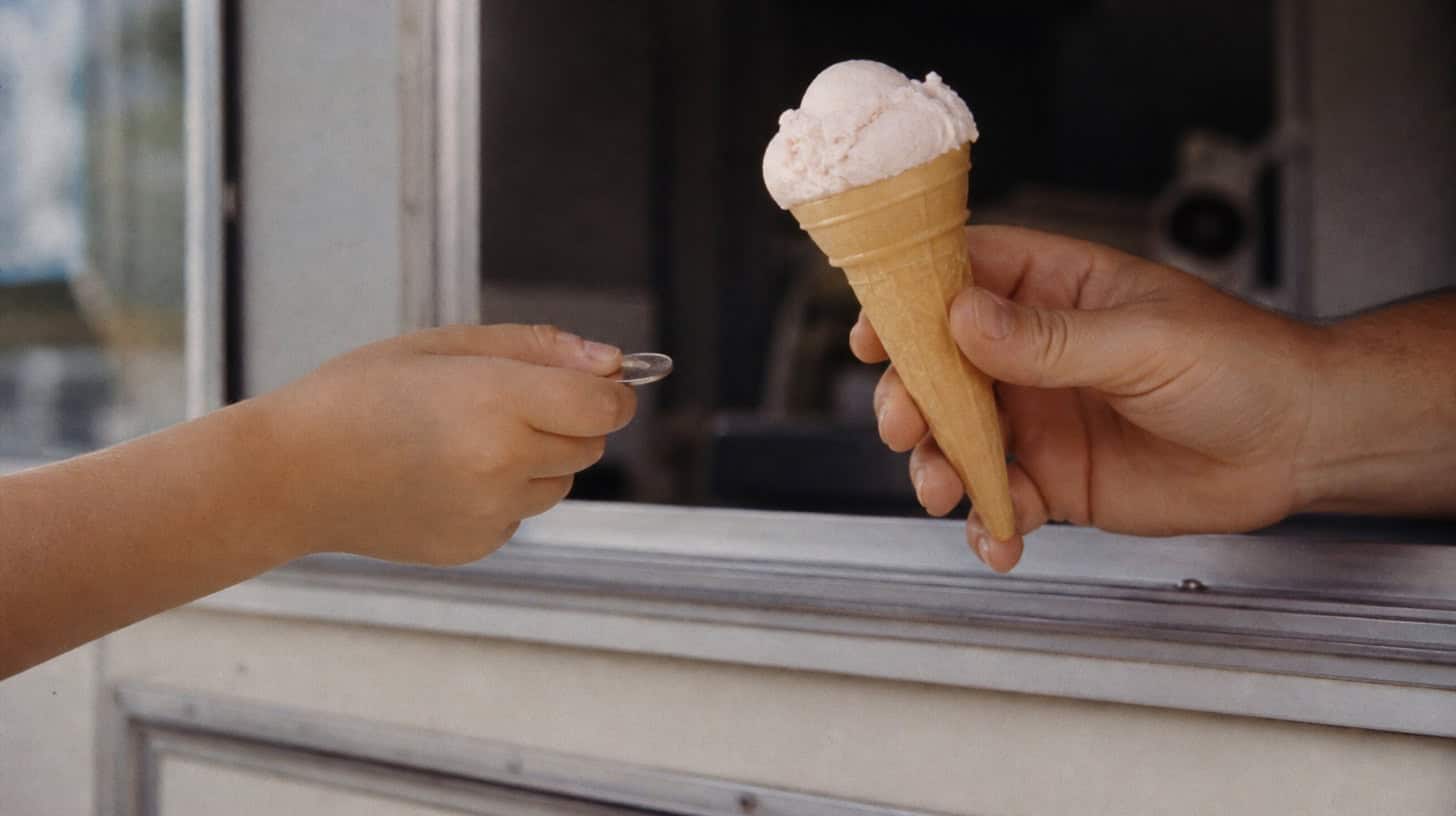 Child buying an ice cream cone with a quarter in 1970