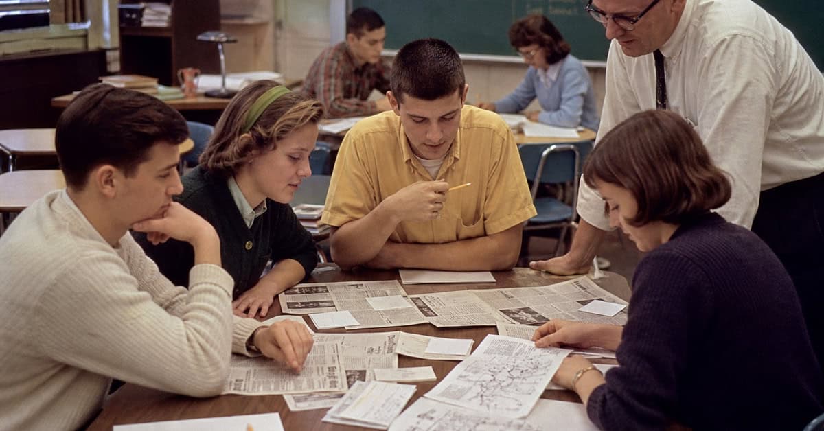 Students comparing evidence during a critical-thinking lesson in the 1960s