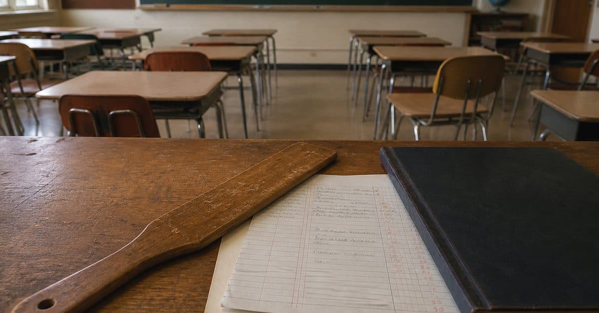 School Rules from the '60s That Would Land a Teacher in Court Today 8 Disciplinary paddle beside a graded paper in a 1960s classroom
