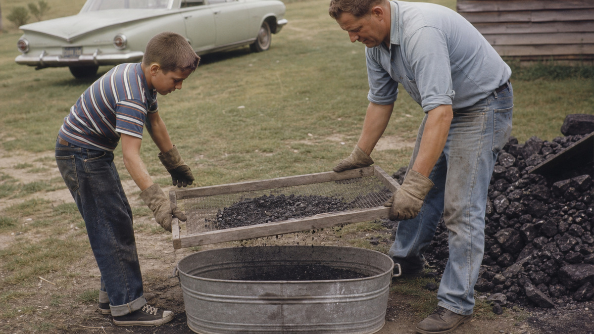 Child and adult sifting cooled coal ashes outdoors in the 1960s