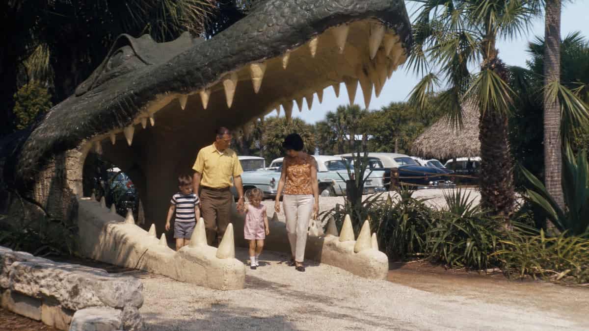 Family entering a Florida alligator attraction in the late 1960s