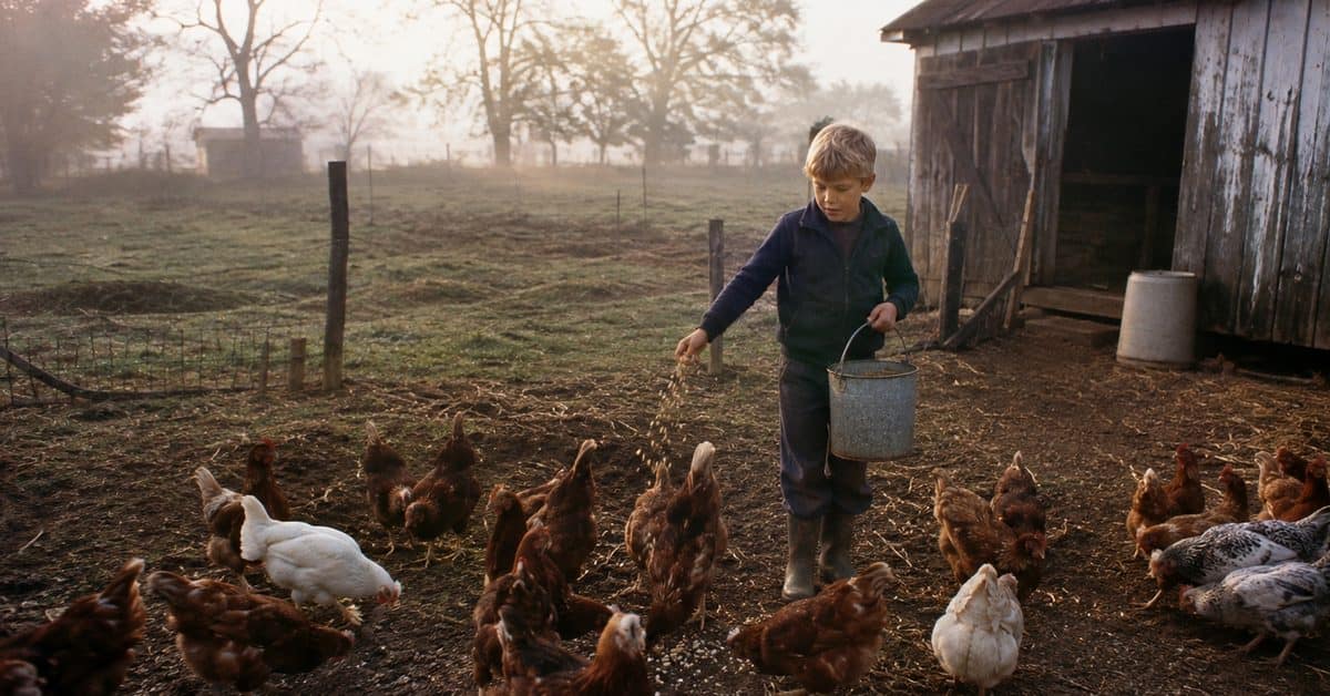 14 Skills Every Farm Kid Had That City Kids Today Would Never Survive 3 Farm child feeding chickens at dawn in the late 1960s