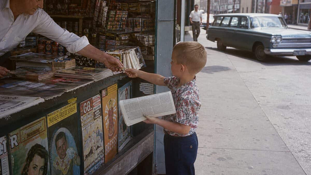 14 Things You Could Buy for a Nickel in 1960 (That Cost $20+ Now) 6 Child buying a newspaper for a nickel at a 1960 newsstand
