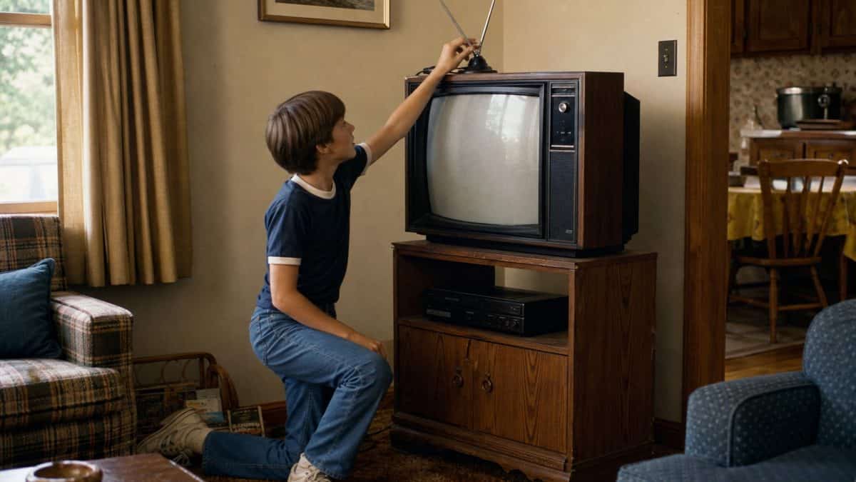 Someone adjusting rabbit ear antennas on a CRT television
