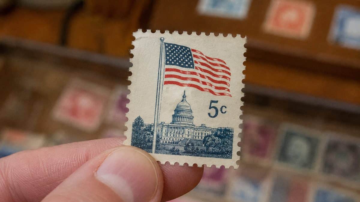 Authentic macro photo of a 1960s 5-cent US postage stamp