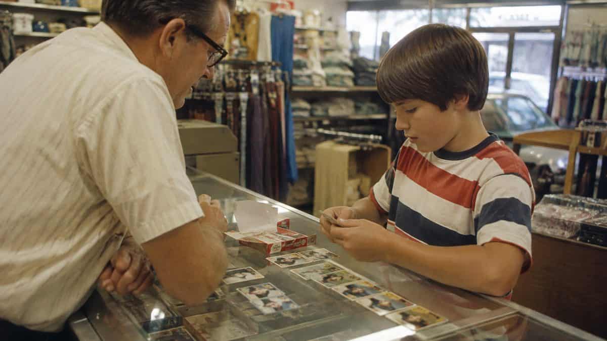 Baseball cards on a store counter