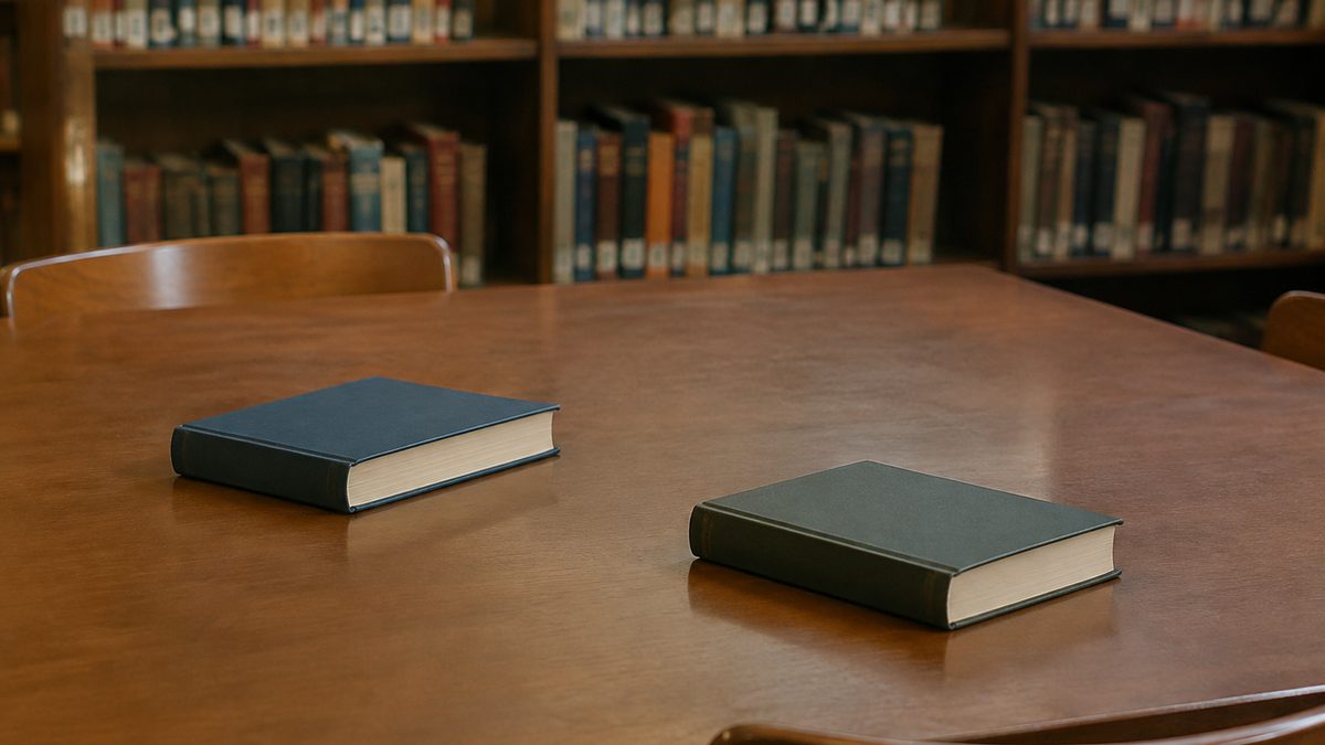 Closed reference books on a quiet 1970s library table