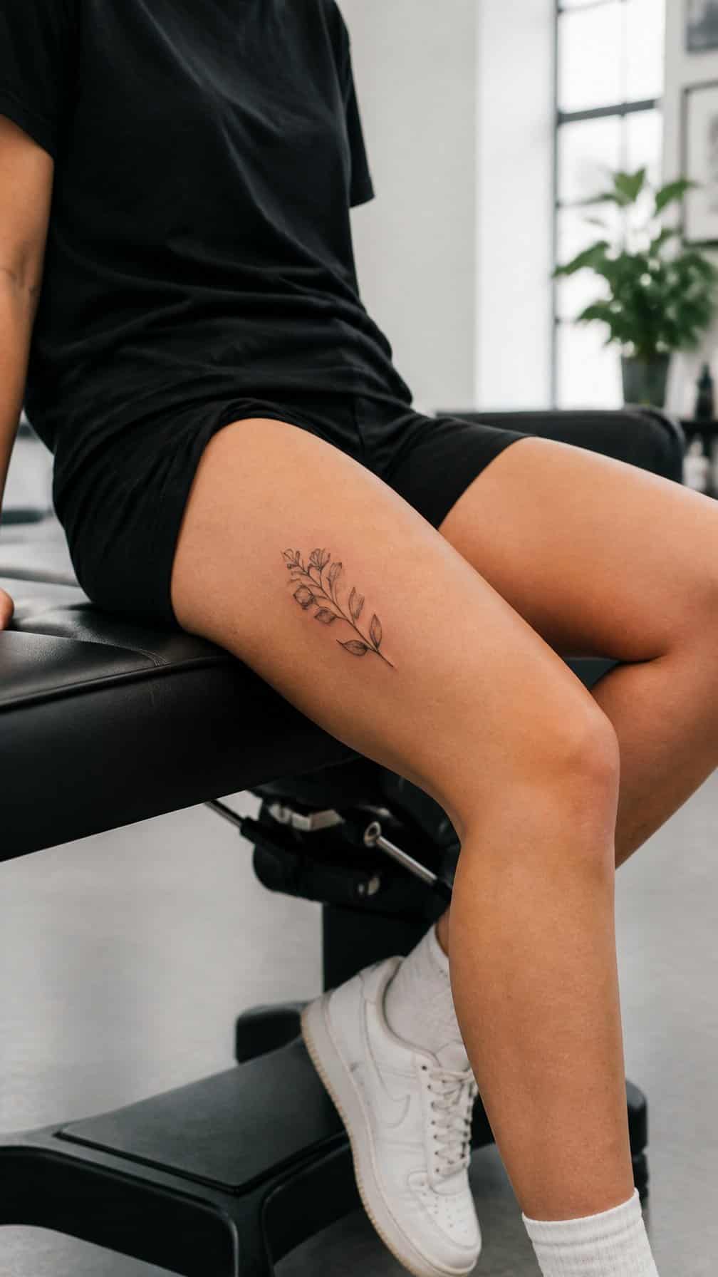 A person seated in a tattoo studio with a small tattoo visible on the outer thigh.
