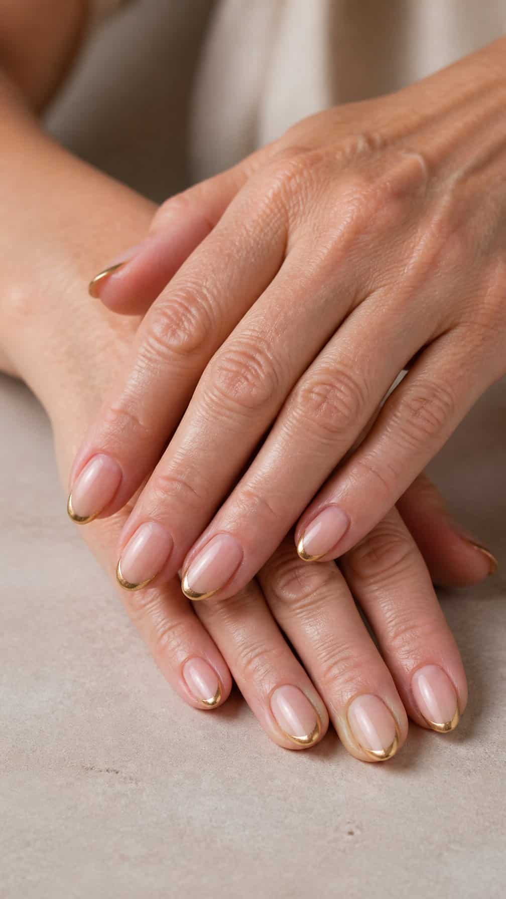Mature woman’s hands displaying nude nails with thin gold French tips.