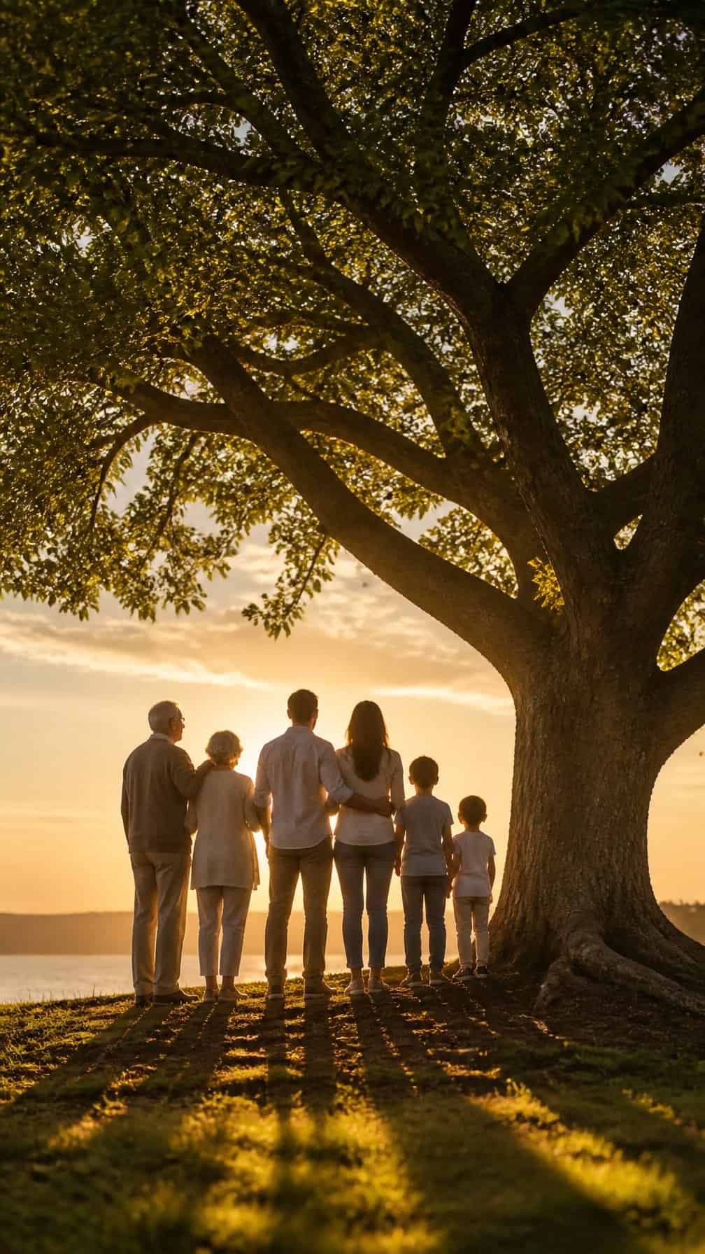 Three generations of a family standing together beneath a large tree.