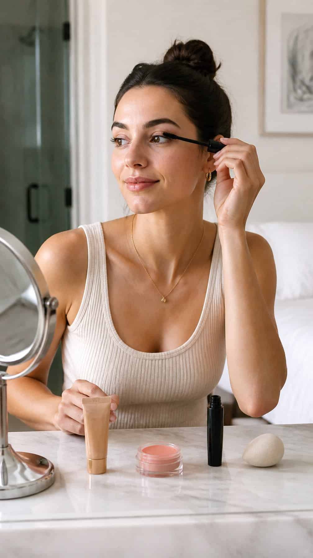 A woman applies makeup beside three simple cosmetics on a vanity in morning light.