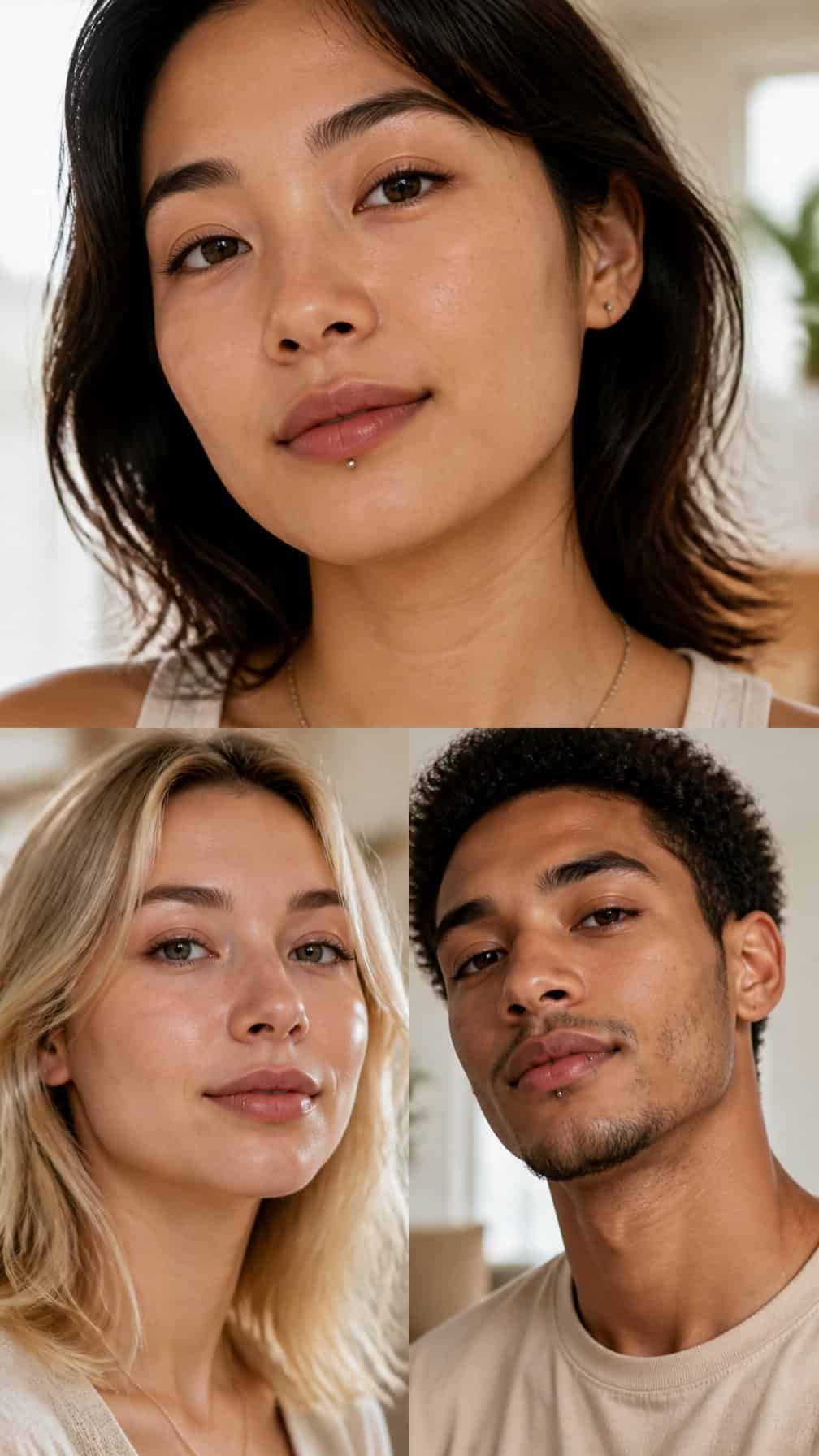 Three young adults with subtle lip piercings pose in a bright modern interior.