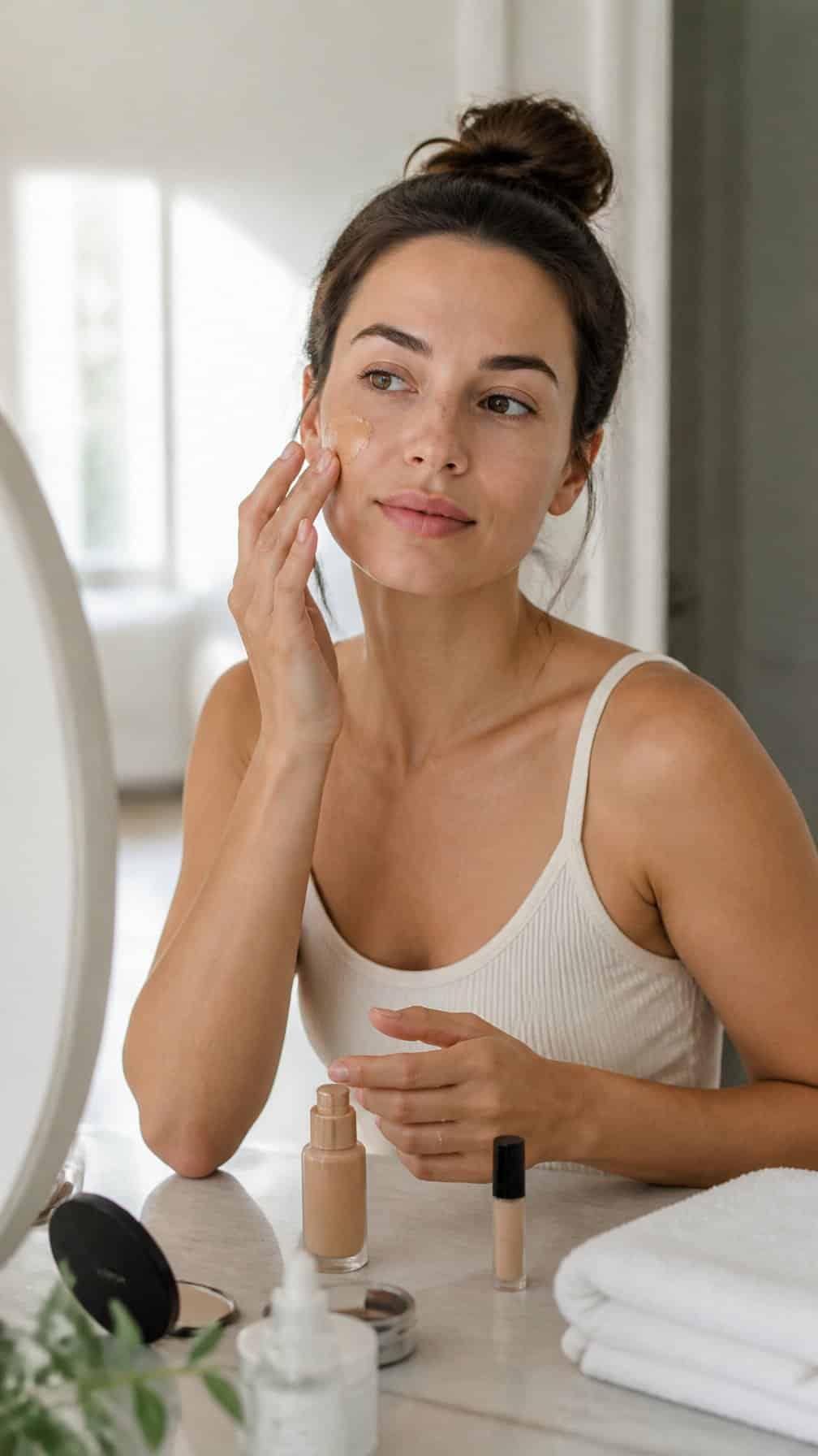 A woman applies tinted moisturizer and concealer at a bathroom vanity in soft morning light.