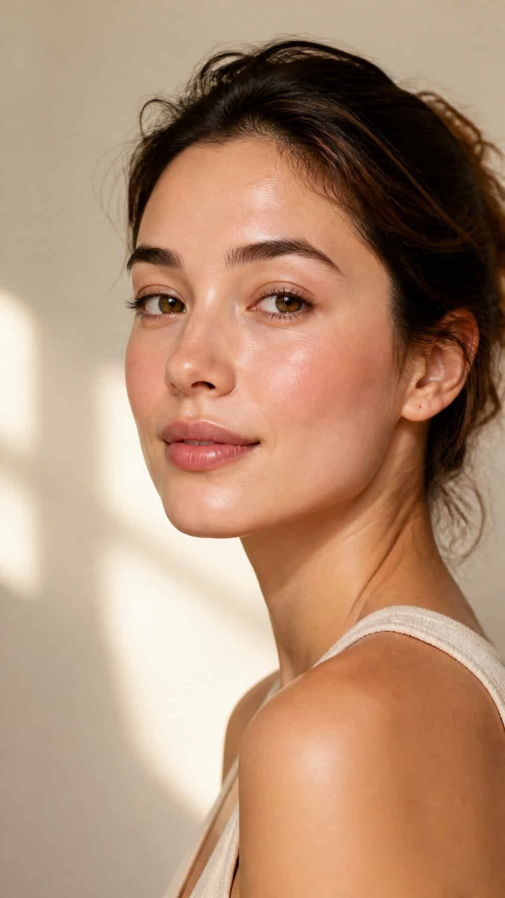 Woman wearing natural everyday makeup with rosy cheeks and a softly glowing complexion.