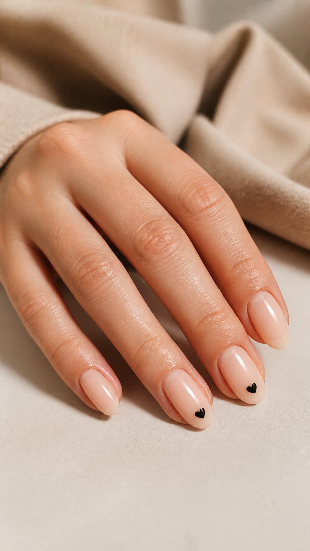 A hand with sheer nude nails featuring tiny black heart accents.