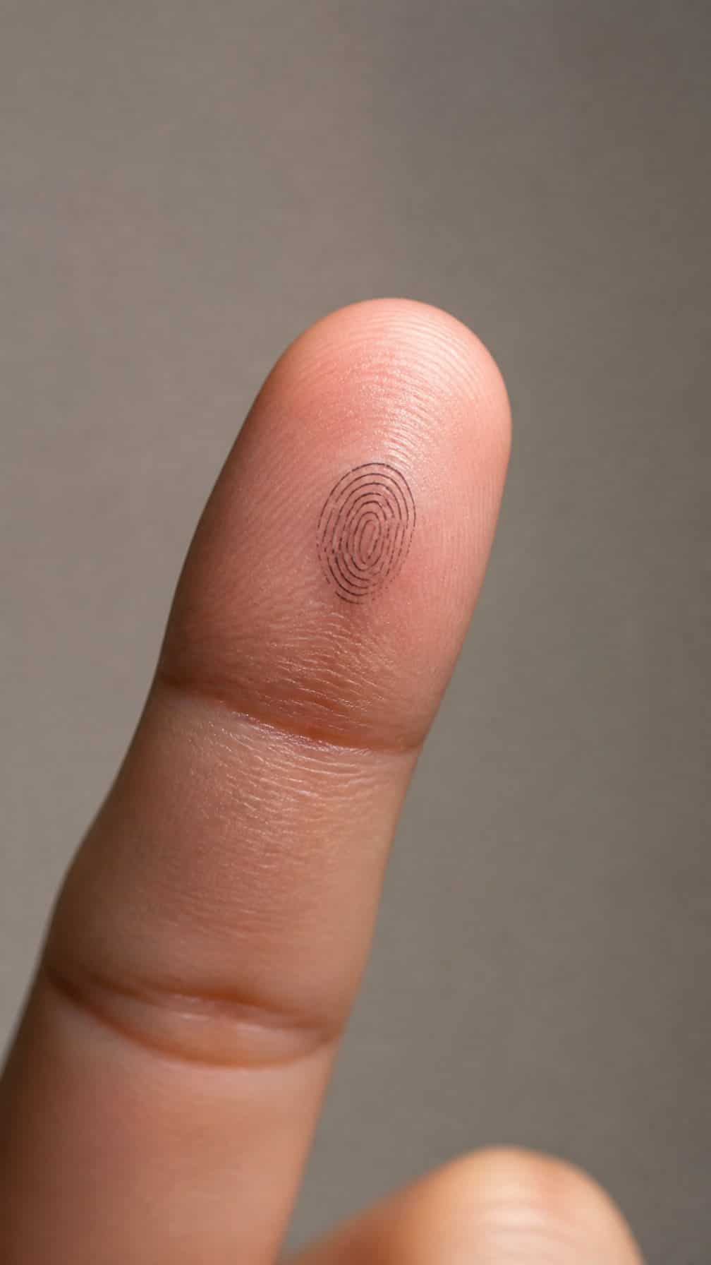 Close-up of a fingertip with a tiny fingerprint-inspired tattoo.