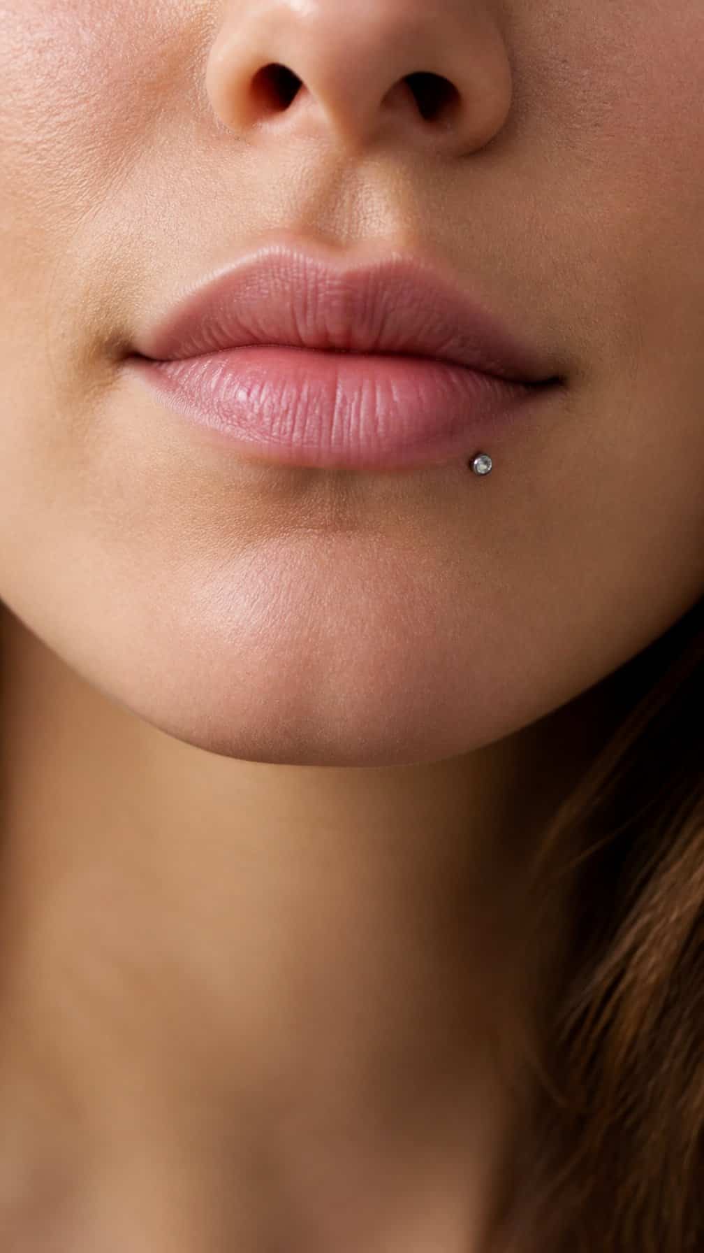Close-up of a person with a tiny gemstone piercing on the lower lip.