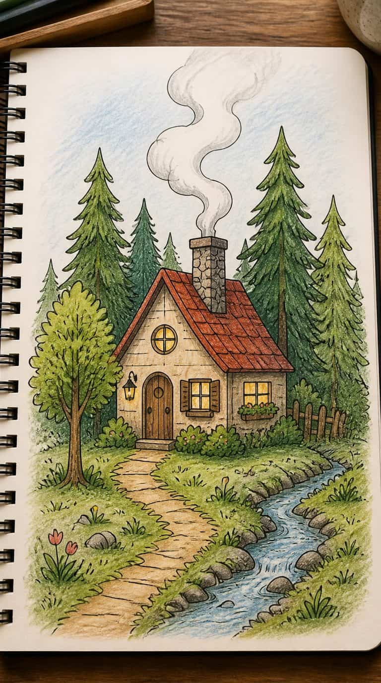 A hand-drawn artwork of tiny house with smoke.