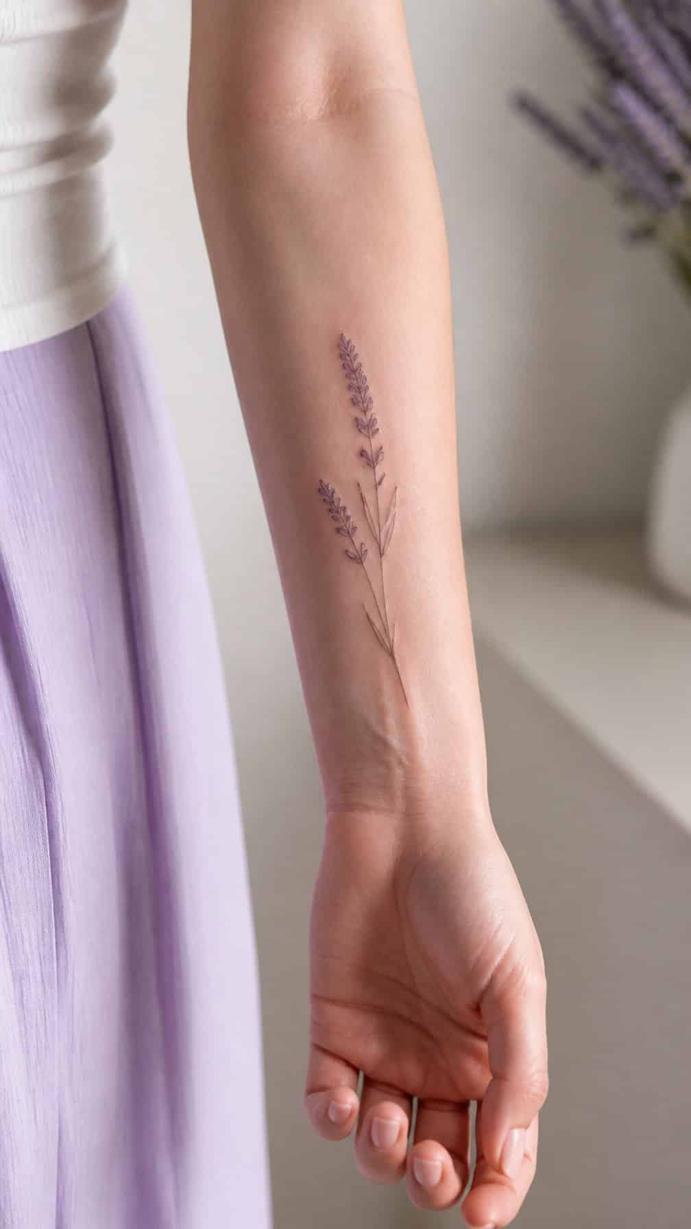 A woman’s inner forearm displaying a small lavender sprig tattoo.