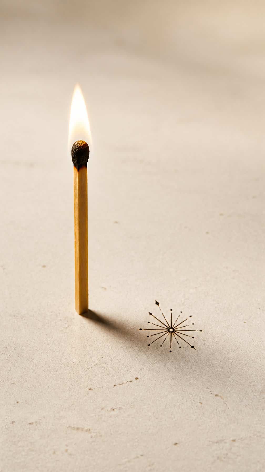 A small lit matchstick stands beside a simple black spark symbol on a plain surface.
