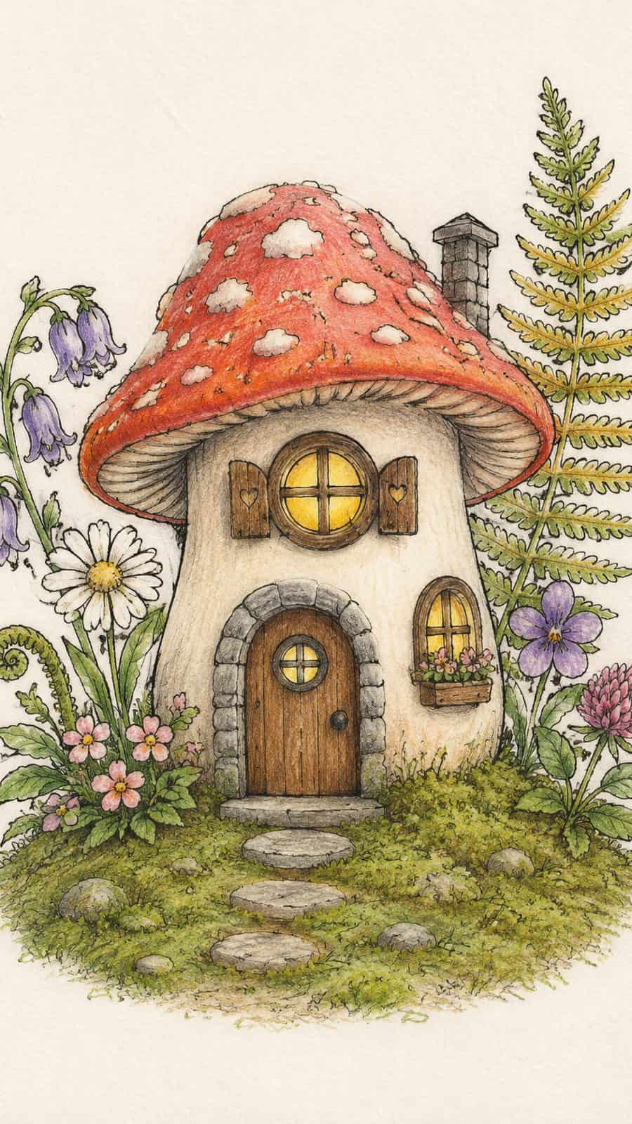 A hand-drawn artwork of tiny mushroom house.