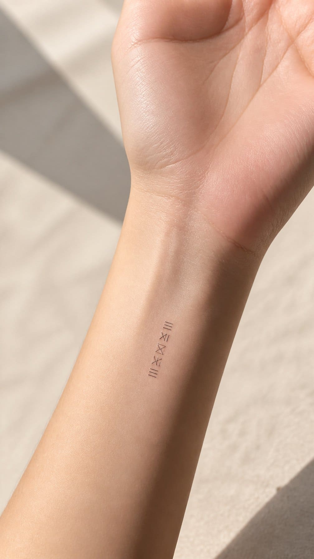 A close-up of a wrist with a small minimalist tattoo resting on a light surface.