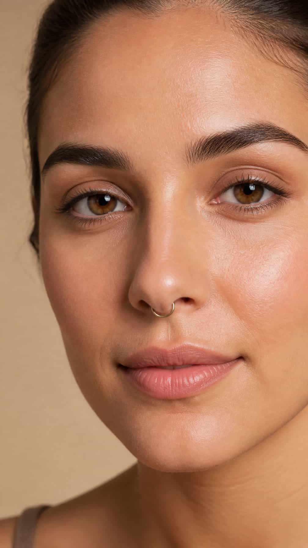 Close-up portrait of a person wearing a tiny seamless septum ring.