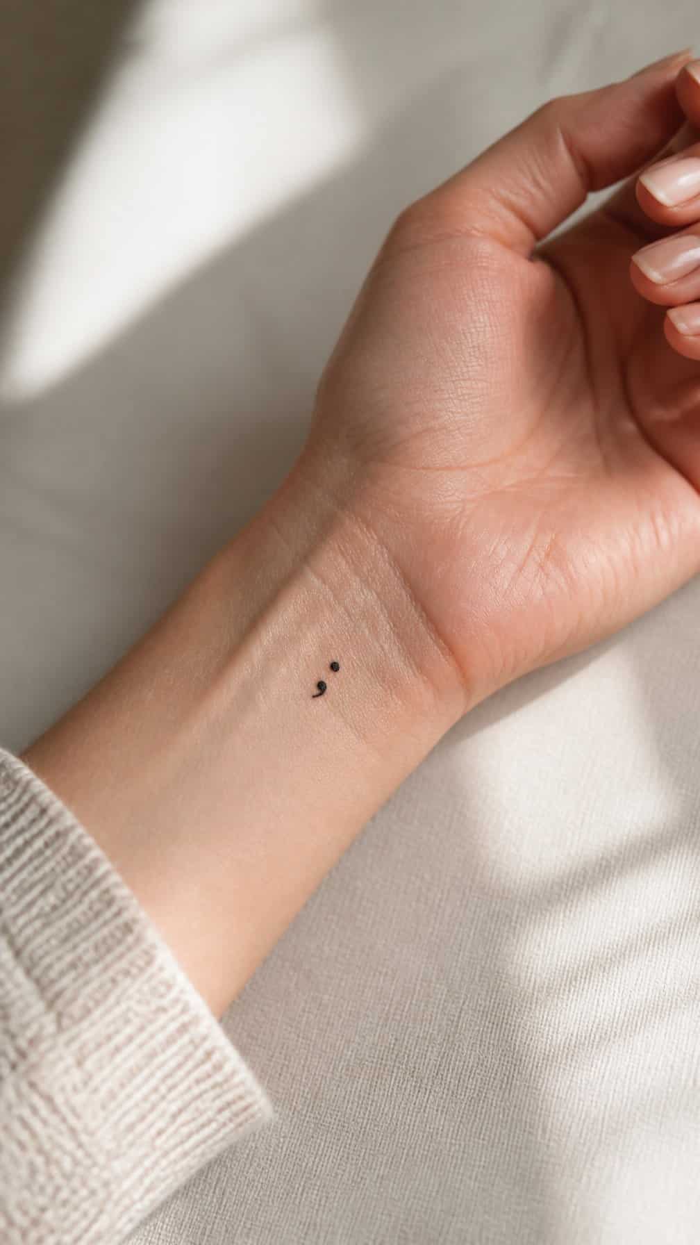 A person’s wrist with a small semicolon tattoo resting on a neutral surface.
