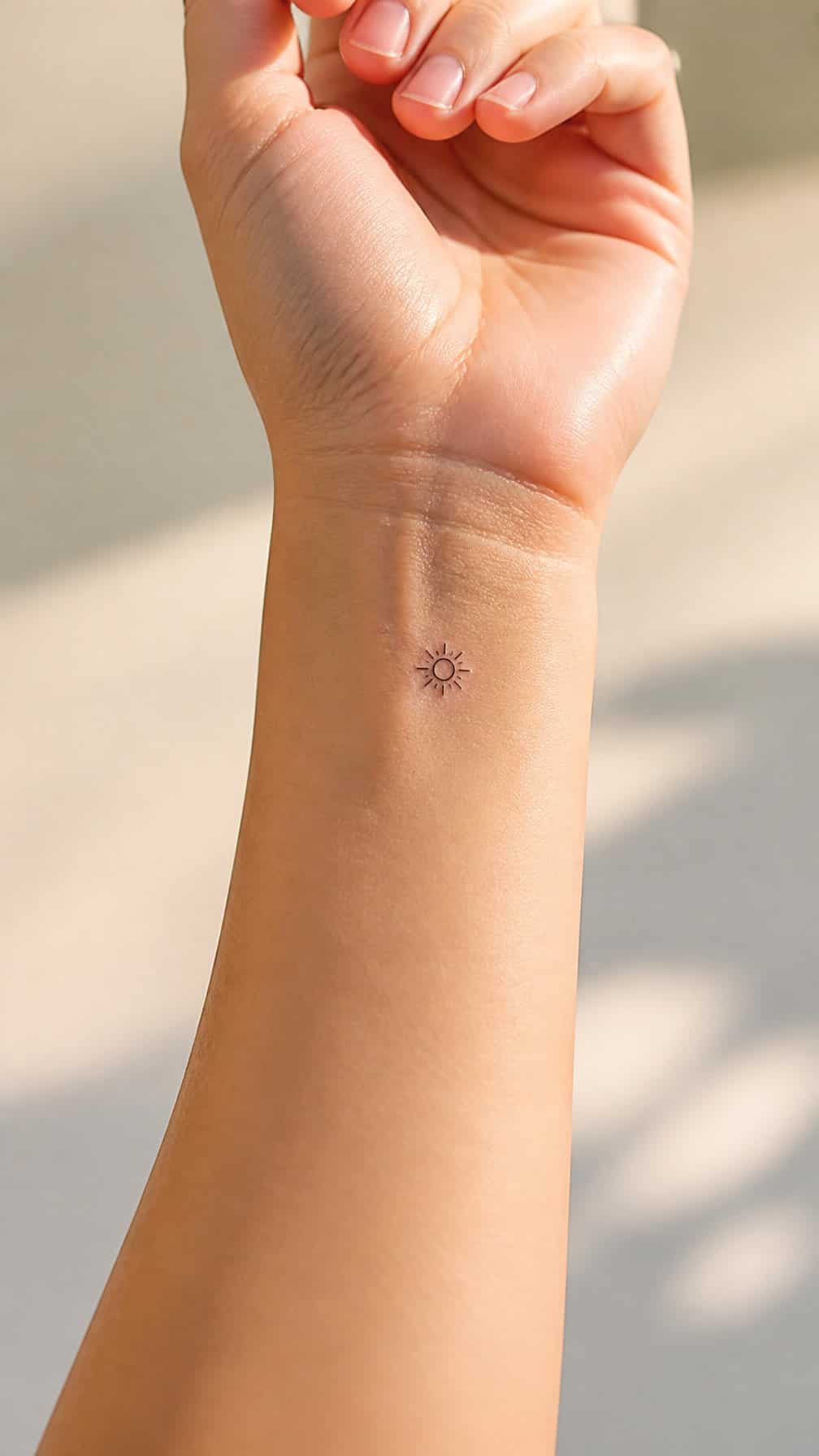 Close-up of a small sun tattoo on a person’s inner wrist in warm natural light.