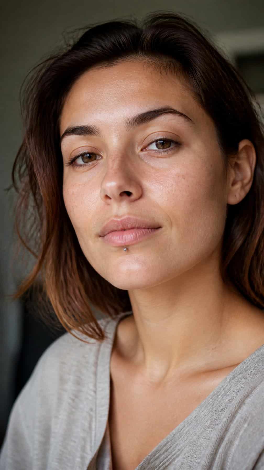 Close-up portrait showing a person with a tiny vertical labret piercing beneath the lower lip.