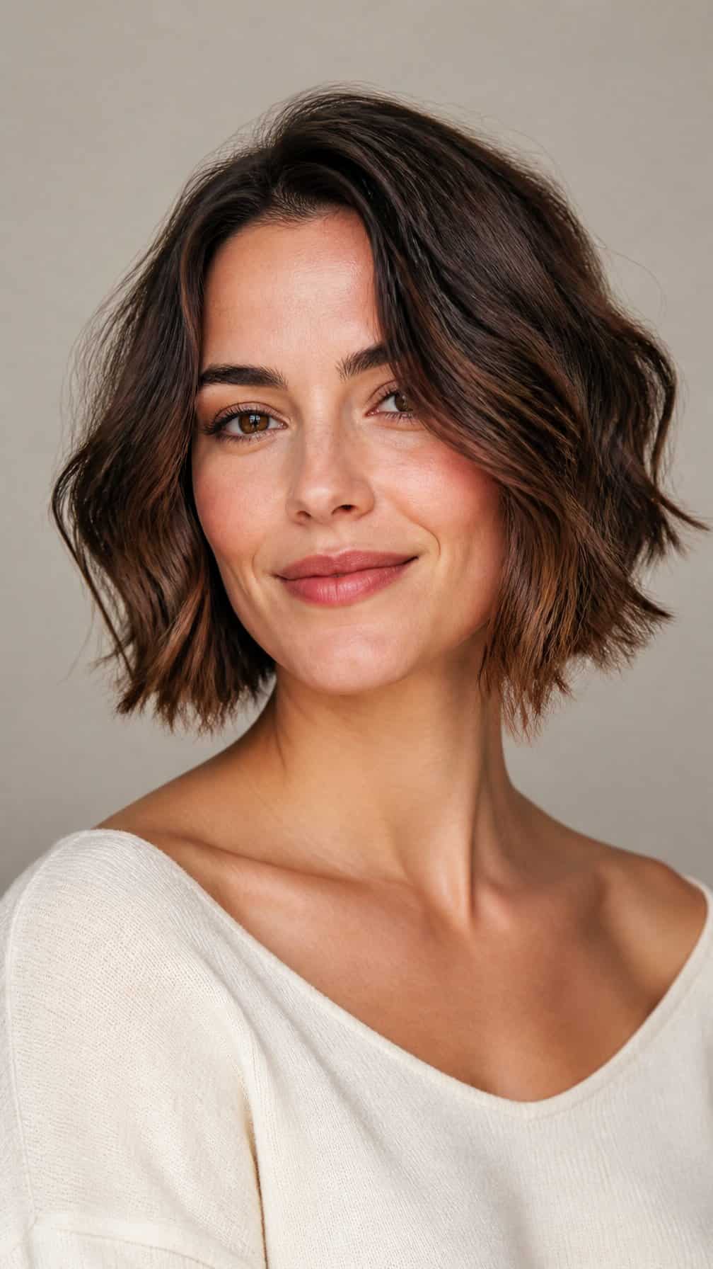 Woman with a tousled chin-length bob haircut posing against a plain background.