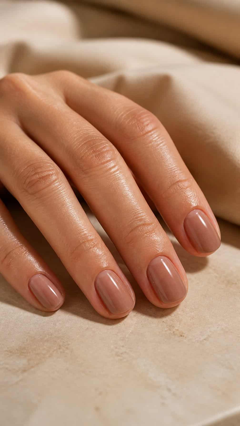 A hand with short natural nails painted in a sheer mocha nude polish rests on a neutral surface.