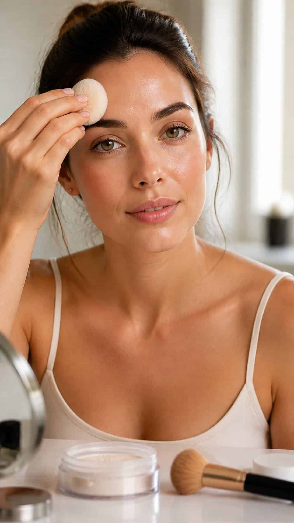 Woman applying translucent powder to the center of her forehead, nose, and chin.