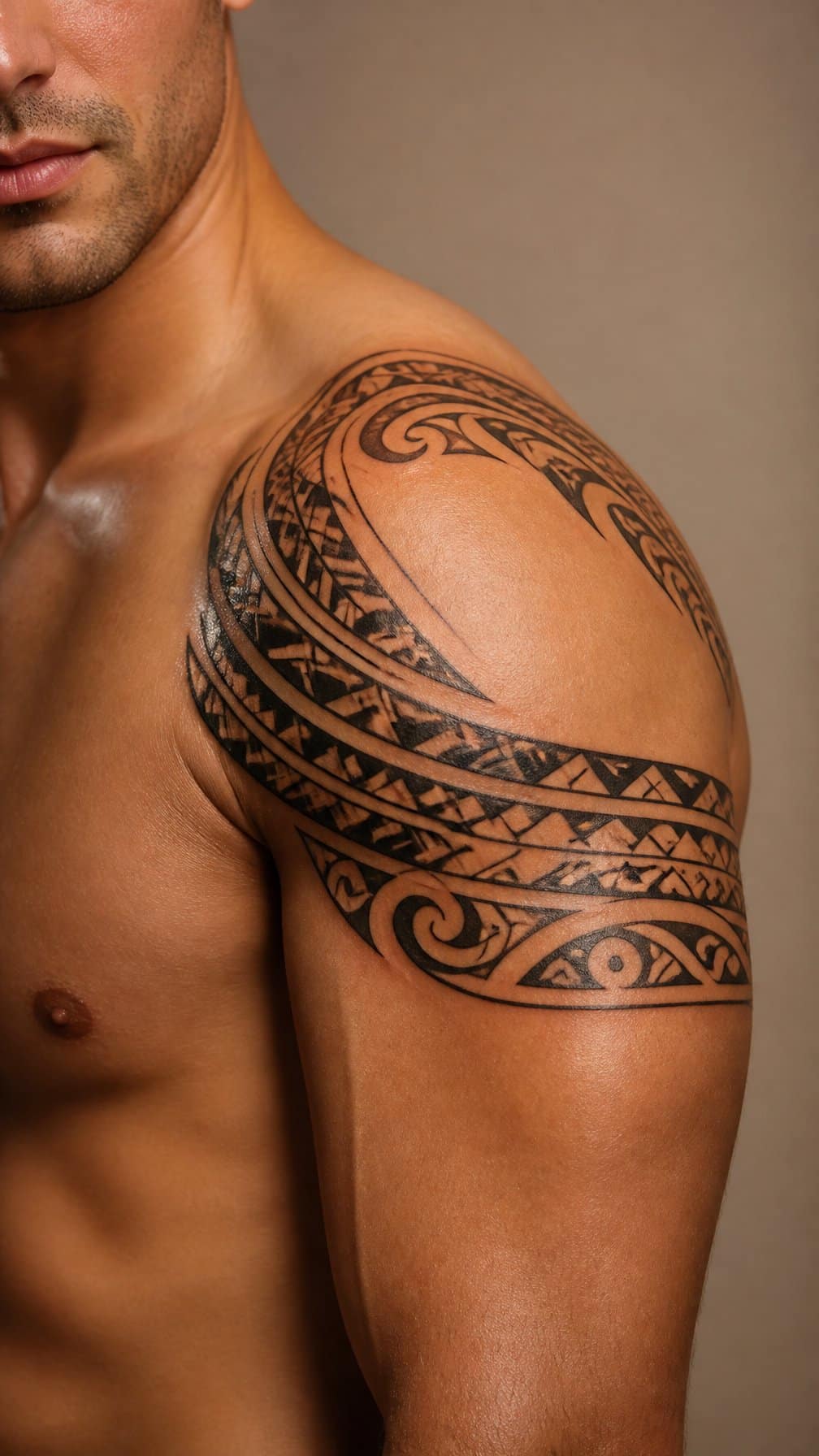 A person displays a black tribal-inspired band tattoo wrapping around the shoulder and upper arm.