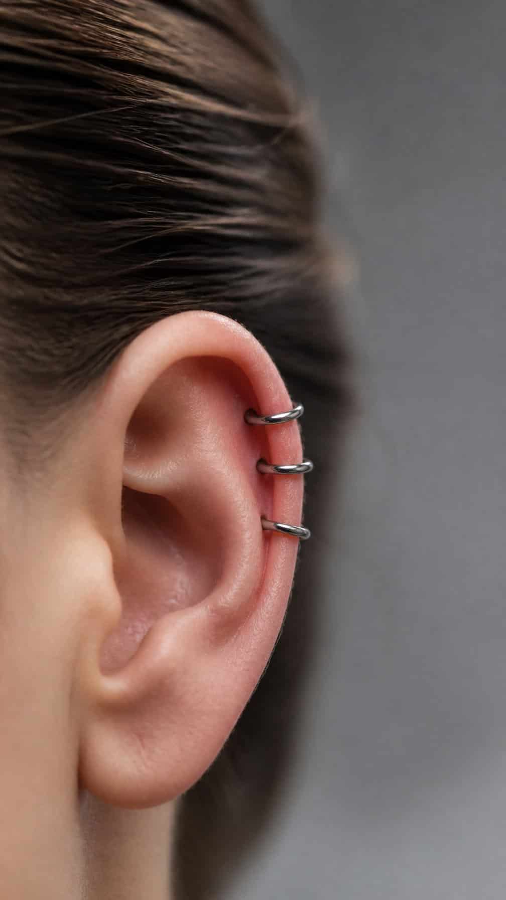 Close-up of an ear with three matching titanium hoops arranged along the forward helix.