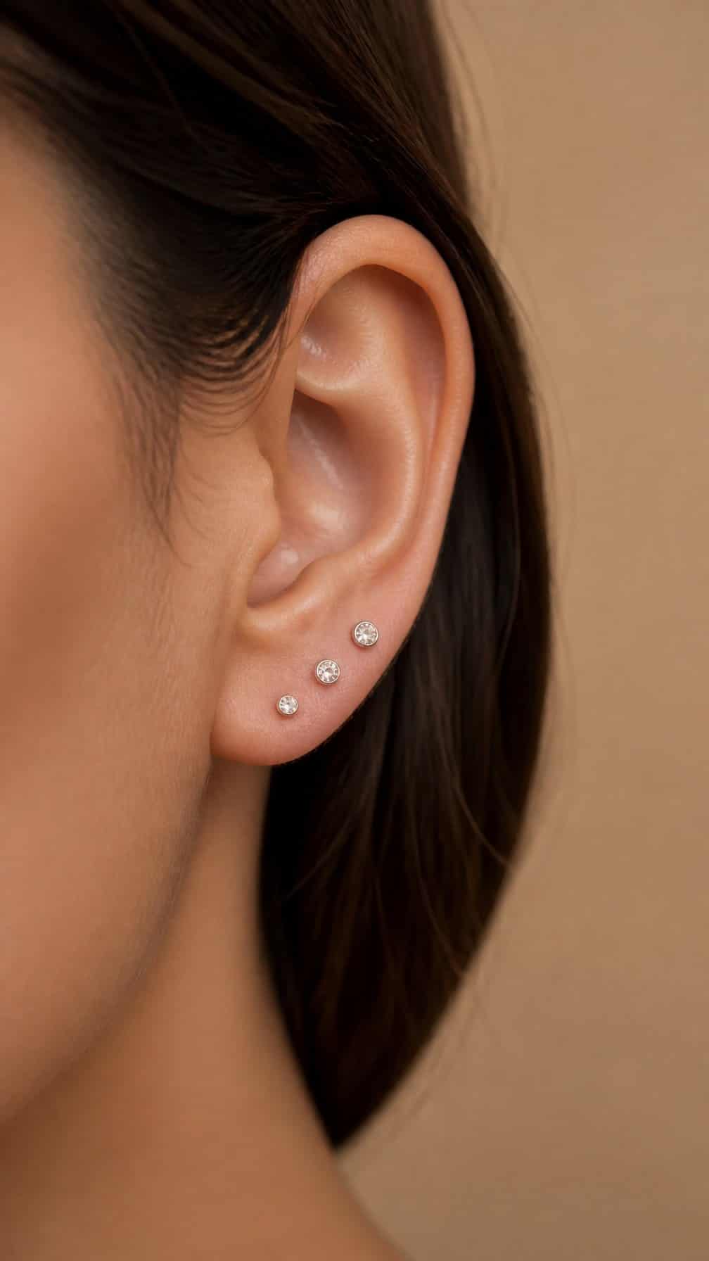 Close-up of an ear with three graduated stud earrings arranged along the earlobe.