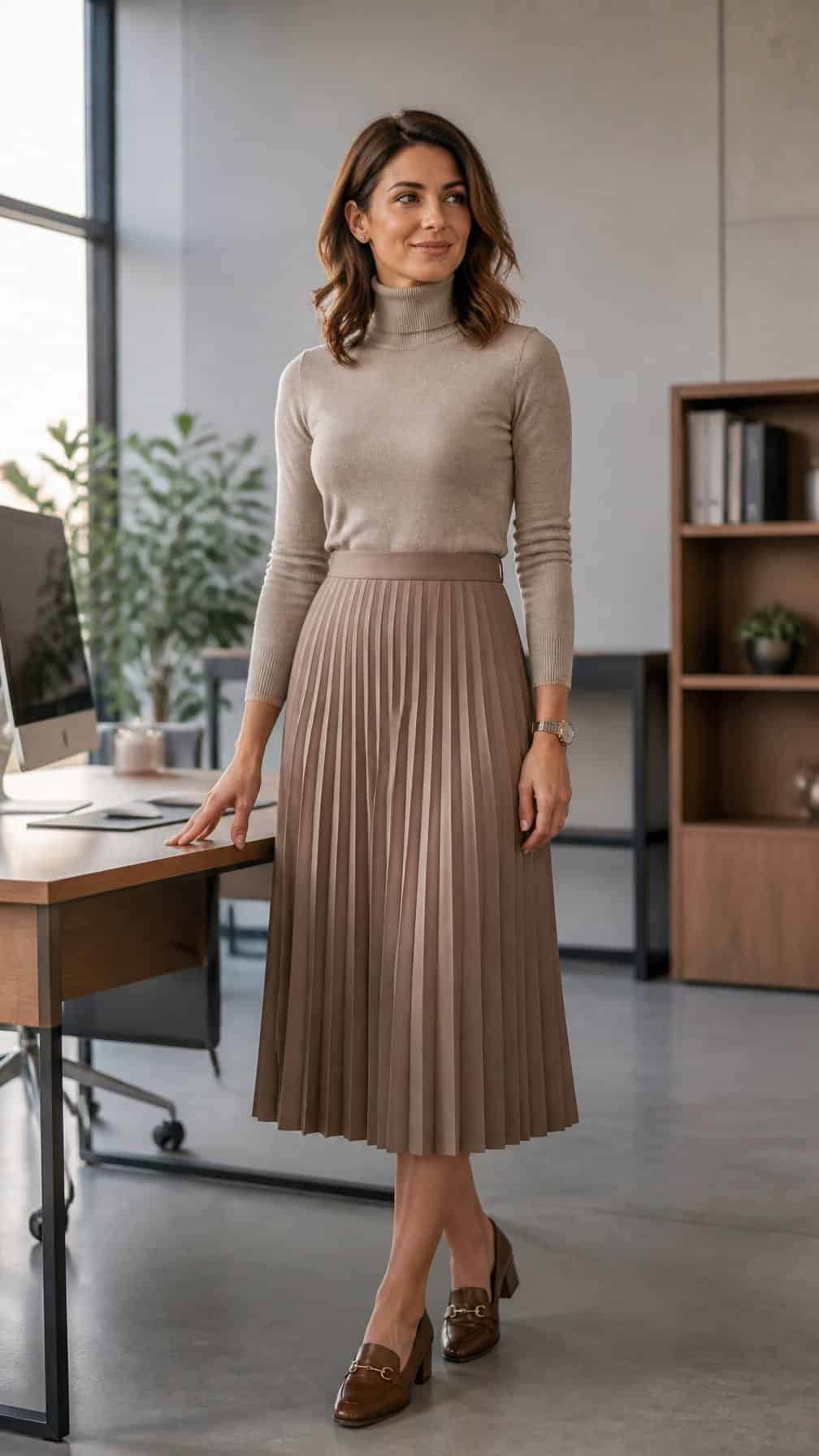 Professional woman wearing a turtleneck and pleated midi skirt in a bright office.
