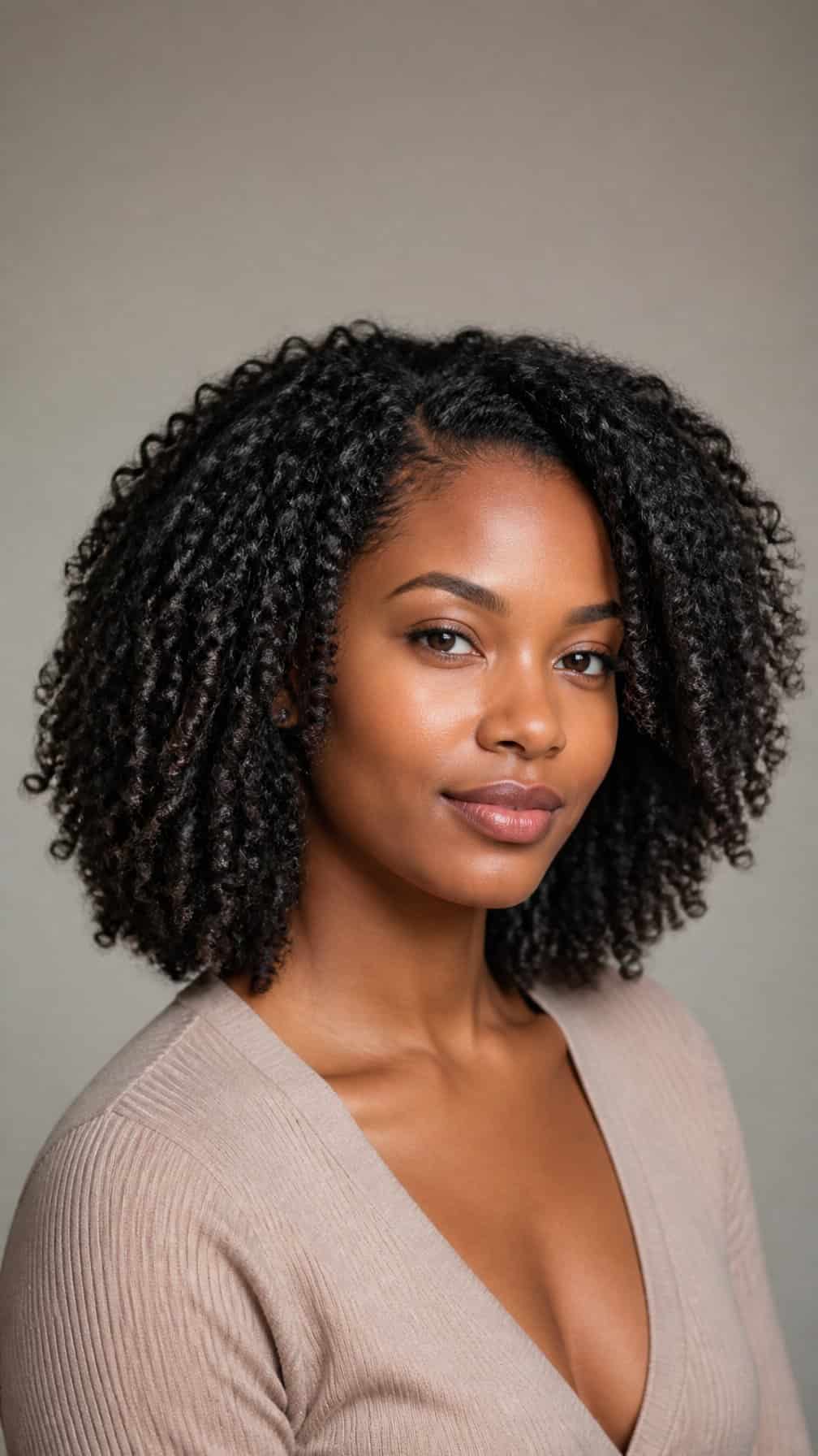 Woman with medium-density natural curls styled in a defined twist-out.