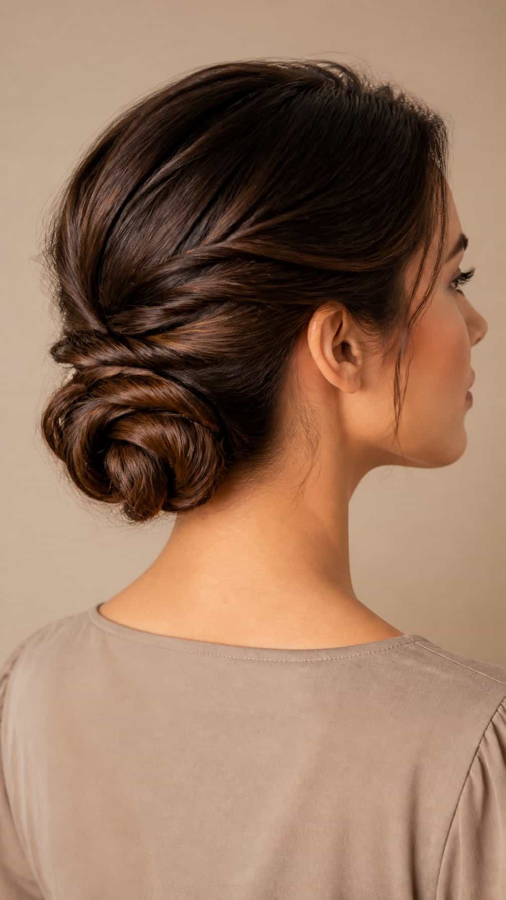 A woman wearing a neatly twisted low chignon hairstyle.