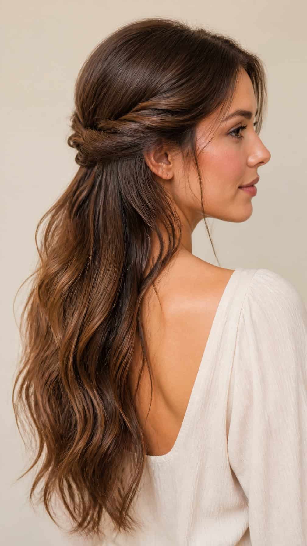 Woman with long hair styled in a twisted half-updo, with loose waves flowing down her back.