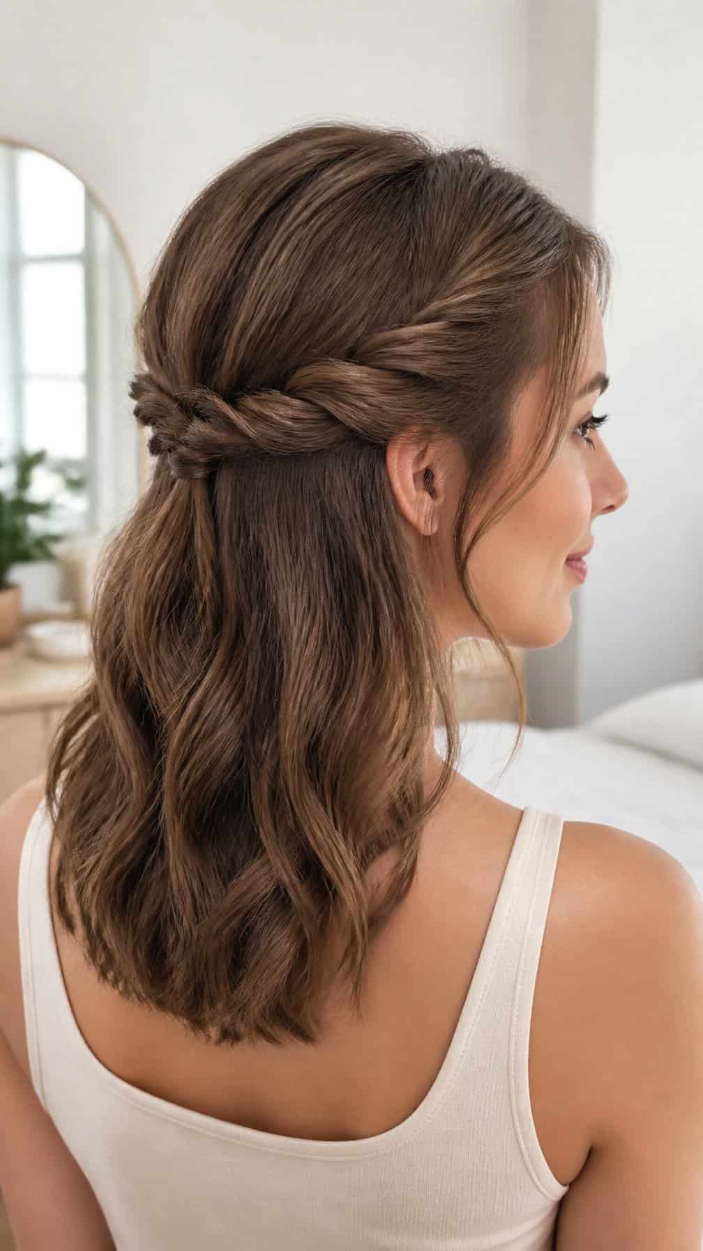 Woman wearing her hair in a twisted half-updo with the rest falling over her shoulders.