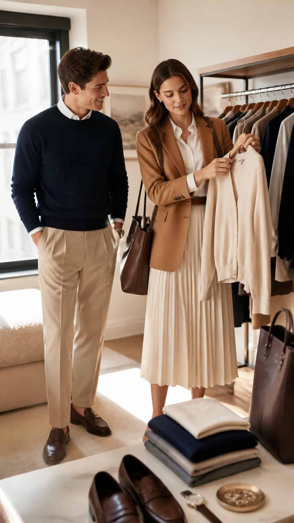 Two people compare classic neutral outfits beside a clothing rack in a bright, elegant room.