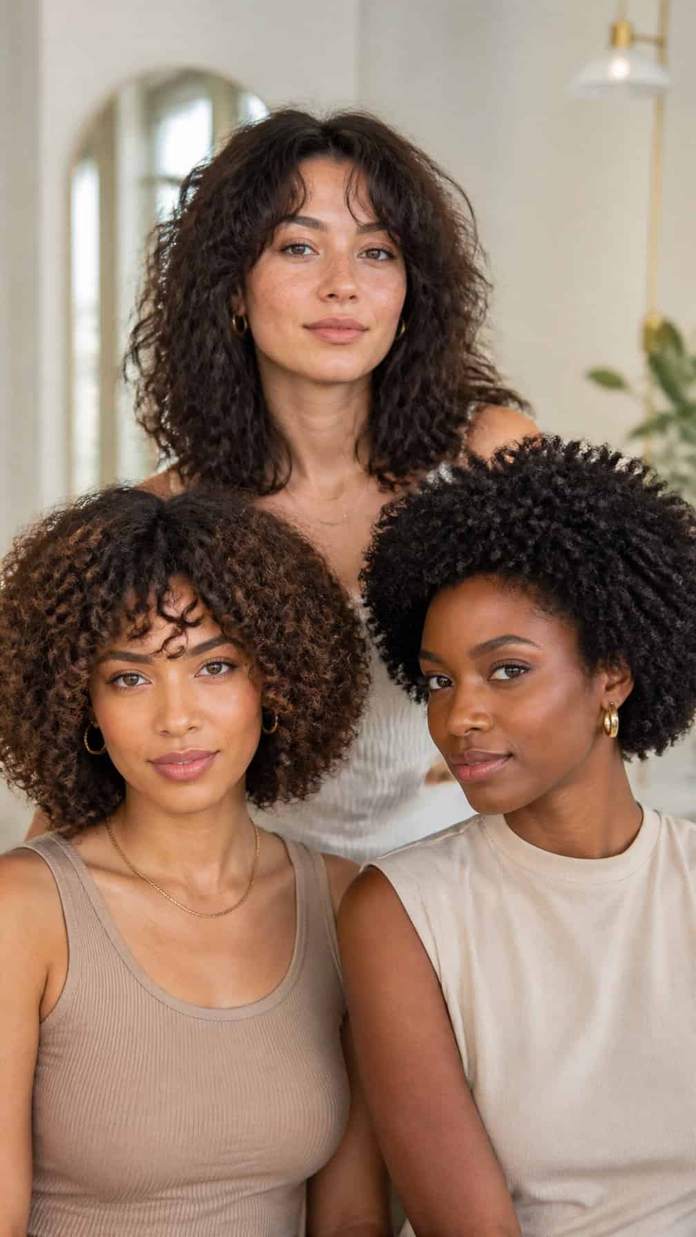 Three women with different natural curl patterns pose together in a bright studio.