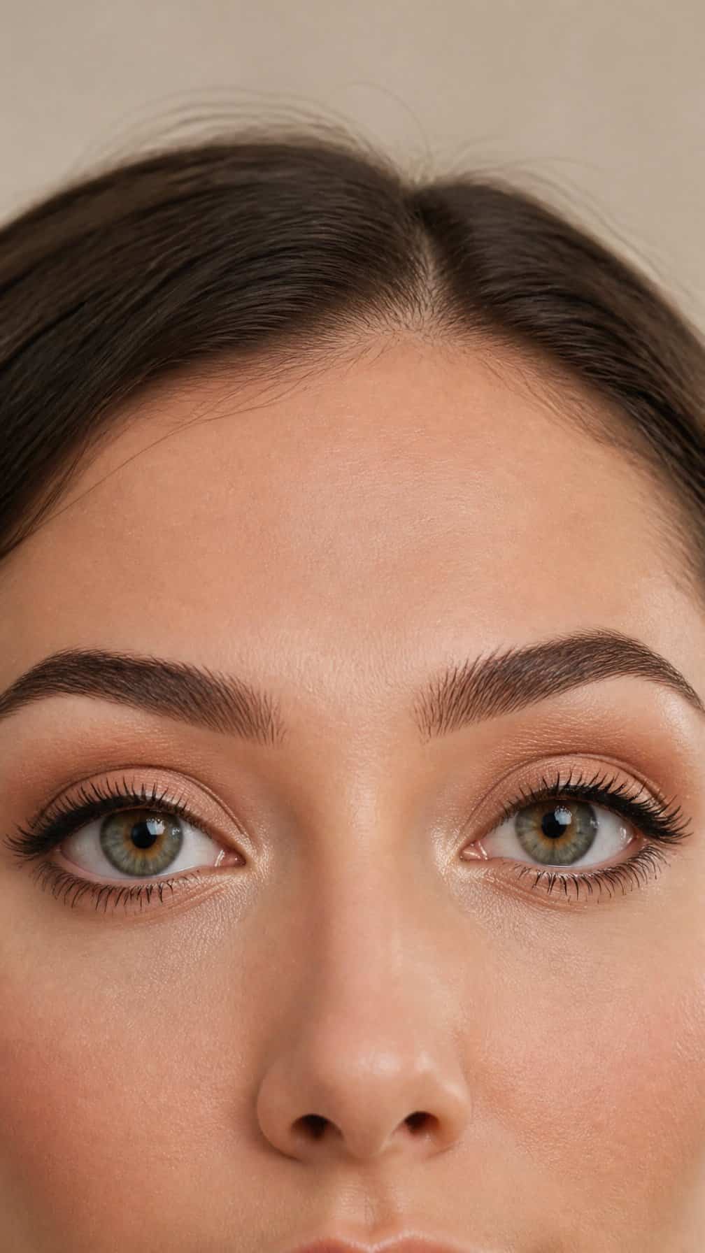 Close-up portrait showing a model’s eyes, eyelids, brows, and softly applied eye makeup.
