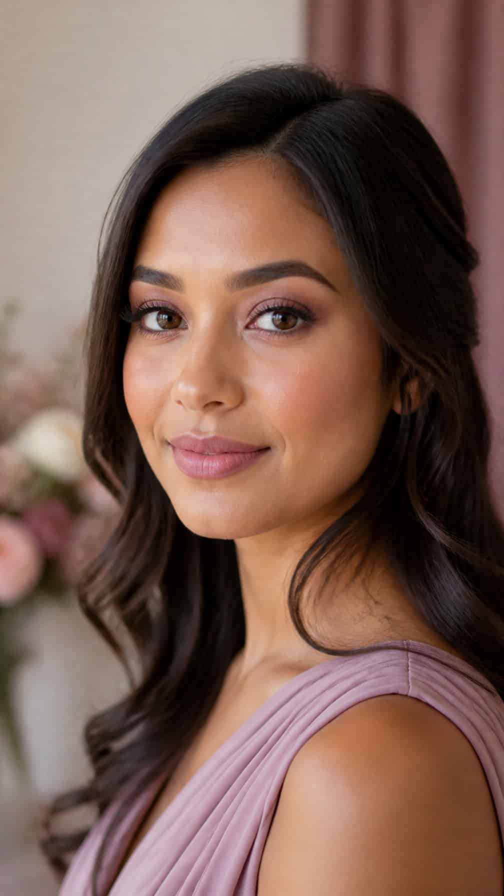 Bridesmaid with softly blended mauve eye makeup, rosy cheeks, and mauve lipstick.