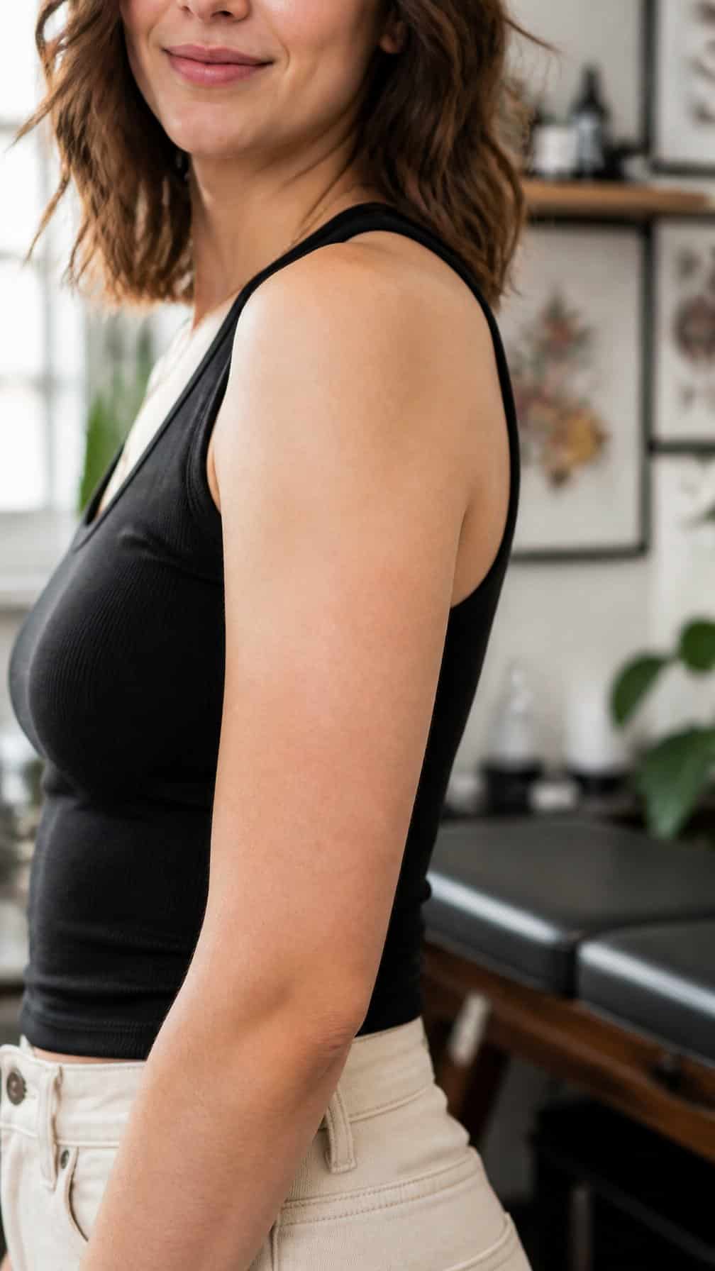 Adult model showing the outer upper arm and shoulder area in a bright studio setting.