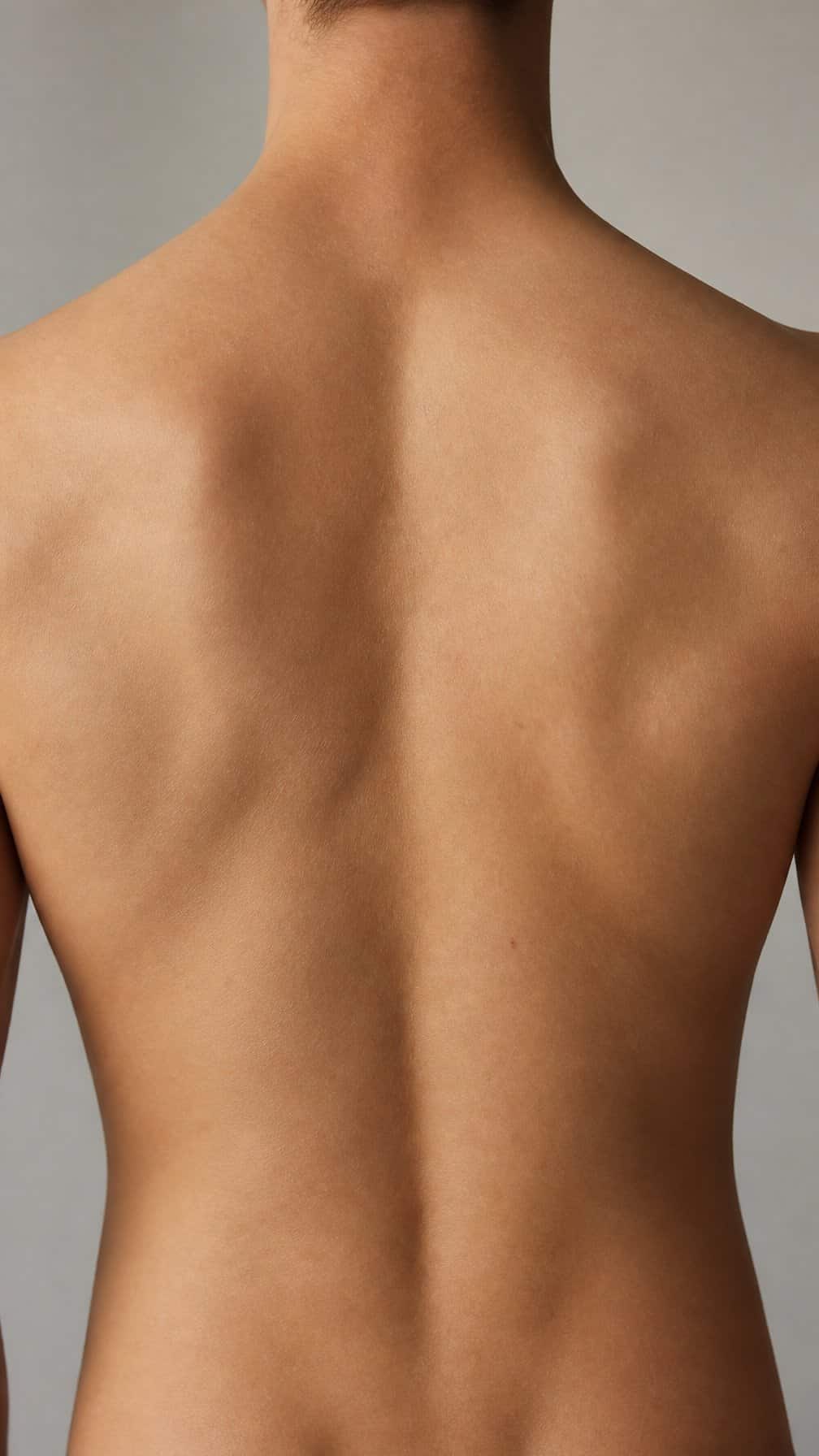 The upper back and shoulders of an adult person shown from behind.